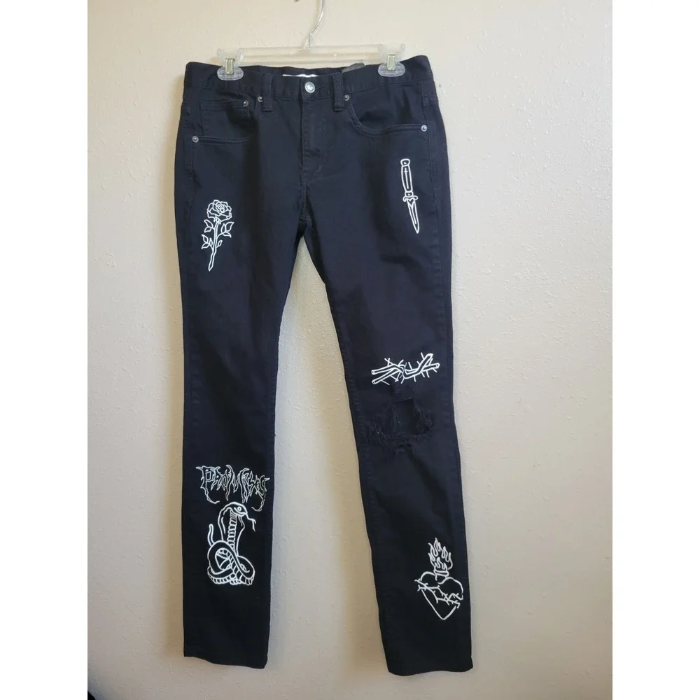 Broken Promises Jeans Men's Size 32 Black Gothic Emo Cobra Rose Ripped Denim Tat
